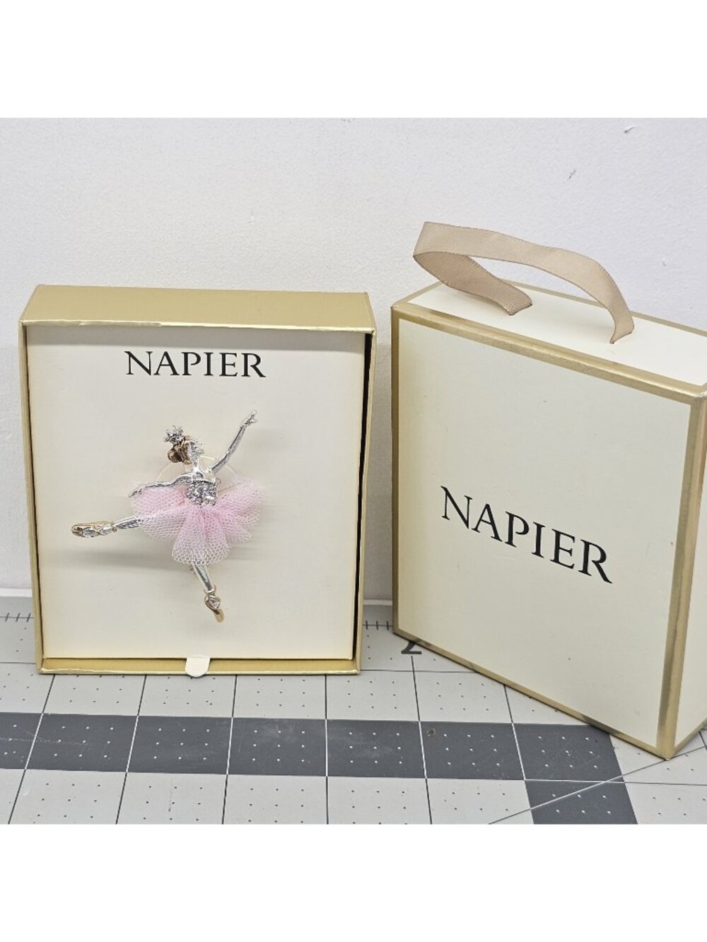 Napier Jeweled Gold Tone Ballerina Brooch Pin Crystals Net Tutu NEW w Gift Box